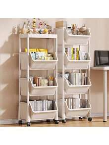 4-Tier Rolling Storage Rack - White Plastic Multi-Layer Organizer With Wheels, Suitable For Kitchen, Living Room, Bedroom Or Dorm - Perfect For Storing Books, Tableware And Produce, Vertical Shelf - Multicolor - View 2