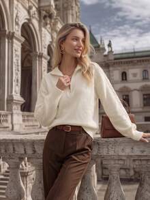 NiceArt Pull en tricot de laine à col demi-zip pour femmes, manches longues avec tricot torsadé sur les côtés, style décontracté ample, pull chaud pour l'automne/l'hiver - Blanc - Voir 7