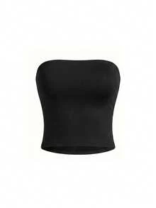 Women's Sports Casual Bandeau Crop Top, Removable Padding, Solid Color Basic Bandeau Top, Suitable For Training, Running, Yoga, Gym And Daily Wear - Black - View 4