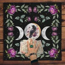 1pc Triple Moon Raven Purple Peony Tarot Cloth, Black Star Floral Witch Altar Mat, Gothic Botanical Moon Phase Divination Tablecloth Spiritual Wall Tapestry - Multicolor - View 3