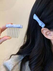 2pcs/Set Women's Cute Elegant Minimalist Fashion Street Style Black/Beige/Blue/Pink Bow Metal Side Hair Comb, Daily Vacation Gift, Vacation Hair Accessory - Multicolor - View 5