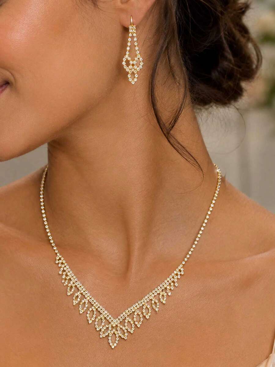 outingfit 1 Set Minimalist Leaf Earrings & Necklace Set, Fashion Wedding Jewelry 2 Pieces Set, Simple Jewelry Set - Gold - View 1