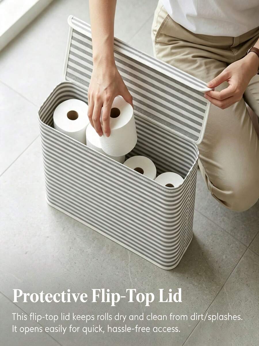 Toilet Paper Storage Bin With Flip‑Top Lid, Striped Fabric Bathroom Toilet Roll Organizer, Waterproof Dust‑Proof Tissue Container For Bathroom Vanity Cabinet