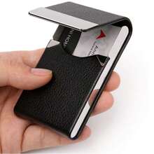 1 Business Card Holder, PU Leather Business Card Case, Unisex, Ultra-Thin Metal Business Card Holder, Magnetic Closure, Back-To-School Essential - Multiple Styles - View 2