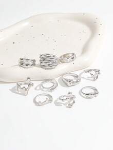Set de 10 anillos plateados estilo punk con textura asimétrica, banda ancha brillante y arrugada, anillos apilables geométricos asimétricos tipo roca para mujer - Plateado - Ver 3