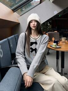 Korean Style Lace Trim Bow Single-Breasted Knit Cardigan Sweater For Women, Autumn/Winter Elegant Knitwear - Grey - View 4