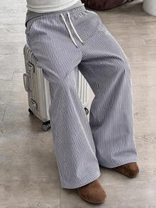 SU ER Men's Summer Striped Loose Drawstring Elastic Waist Casual Wide Leg Long Pants With Drape - Blue - View 1