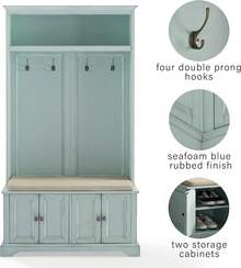 Distressed Seafoam Blue Hall Tree With Shoe Storage Bench & Coat Hooks, Entryway Storage Furniture With Padded Seat, Open Shelf & Storage Cabinets For Foyer & Mudroom - Distressed Seafoam Blue - View 5
