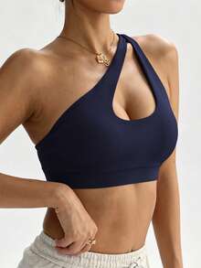 Women's Black Removable Padded Shoulder Knit Sports Bra Fall - Navy Blue - View 4