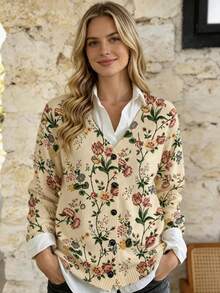 ADFHP Women's Sweater, Vintage Multicolor Floral Print V-Neck Button Front Long Sleeve Knit Cardigan, Casual Loose Top For Fall/Winter Social Occasions - Multicolor - View 7
