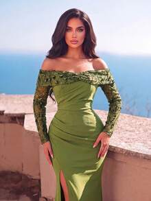 Women's Open Shoulder Long Slit Evening Gown, Contrast Color Sequin Sleeves, Romantic Formal Party Dress - Dark Green - View 7