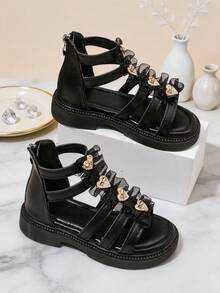 New Girls' Stylish Breathable Hollow Design High-Top Roman Sandals, Mesh Ruffle With Rhinestone Heart Decoration, Back Zipper For Easy On/Off, Thick Non-Slip Soft Sole, Sweet Versatile For Summer Daily Wear, Outings And School - Black - View 6