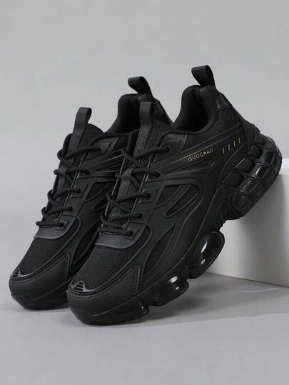 Zapatillas deportivas nuevas para hombre, uso en todas las estaciones, zapatillas unisex de malla con amortiguación de aire y suela gruesa, zapatillas de entrenamiento atlético con cordones y absorción de impactos, zapatillas cómodas y casuales para correr en carretera, zapatillas de caminar de unicolor minimalista, adecuadas para entrenamiento en el gimnasio, desplazamientos urbanos y senderismo