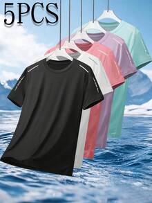 [5pcs]Women's New Quick-Dry Short Sleeve T-Shirts, Multi-Color Round Neck With Reflective Shoulder Stripes, Ice-Feel Breathable Mesh Fabric, High Elasticity Loose Fit Slimming, Commute, Jogging Fitness Essential, Versatile Solid Color T-Shirts Suitable For Daily Wear, Outdoor Hiking, Yoga Fitness, Practical Gift For Girlfriend, Best Friend, Mom - Multicolor - View 4
