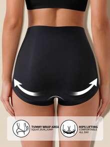 1pc Women's Tummy Control Panties Solid Color Basic Lace Mesh Patchwork Sexy Triangle Briefs - Black - View 3