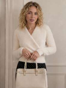 Wrap Cross V Neck Fuzzy Ribbed Waist Cropped Knit Sweater - Apricot - View 6