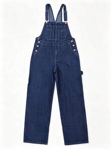 Men's Dark Blue Denim Overalls, Non-Stretch Straight Leg Cargo Pants With Chest Pocket, Multiple Utility Pockets And Adjustable Shoulder Straps - Navy Blue - View 6