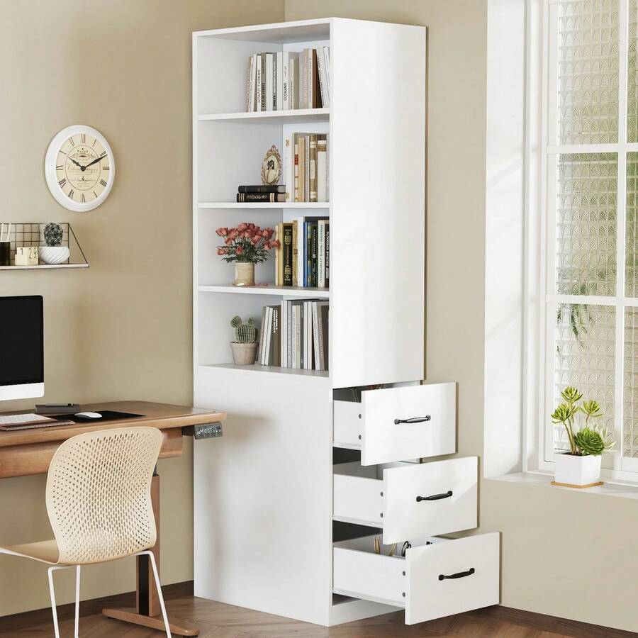 =N880P3183334W Libreria extra-stretta alta 180 cm con cassetti laterali - ripiani regolabili, intercambiabili a destra e a sinistra, adatta a spazi ridotti - libreria, mobile alto per soggiorno - 1 - Visualizzare 1