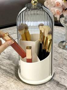 Rotating Toothbrush Holder With Sliding Cover - Freestanding Bathroom Storage Organizer, Can Hold Toothbrushes, Toothpaste, Makeup Brushes And Cosmetics - Transparent Plastic Design With Gold Accents, No Electricity Required Toothbrush And Toothpaste Holder - Multicolor - View 3