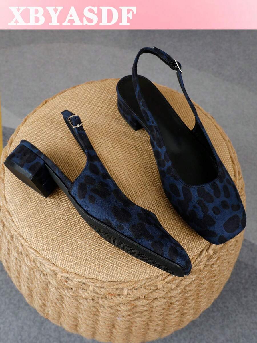 XBYASDF Women's Blue Leopard Print Suede Square Toe Slingback Chunky Heel Pumps, Buckle Strap Low Heel 3cm High Heels, Vintage Commuter Versatile Sandals - Blue - View 1