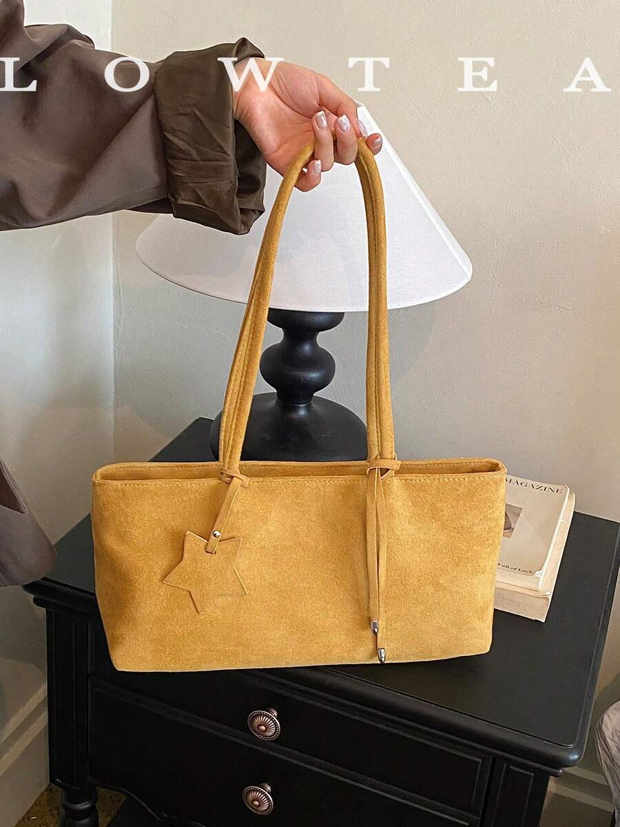low tea حقيبة كتف من قماش الشمواه المربع بتصميم بسيط وعصري، مناسبة للتنقل والتسوق وغيرها، 1 قطعة