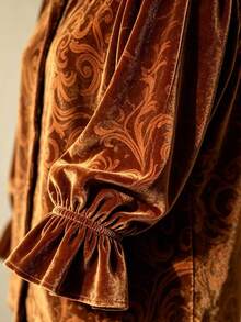Plus Size Vintage Western Style Velvet Shirt, Baroque Scroll Print Lantern Sleeve Button-Up Blouse, Suitable For Autumn/Winter Daily Wear, Cowgirl Party And Dinner Date - Coffee Brown - View 4