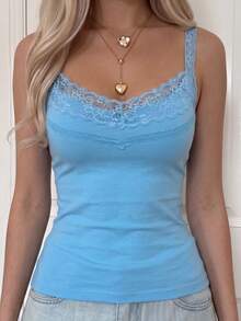 SCARLUX Summer & Autumn Y2K Women's Basic Lace Patchwork V-Neck Camisole, Slim Fit, Suitable For Back To School Season Casual Wear - Blue - View 4