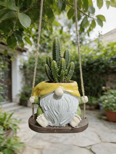1pc Modern Resin Gnome Hanging Planter - Cylindrical Cactus Flower Pot, Indoor/Outdoor Use, Balcony Garden Decor, Ideal Gift For Halloween And Christmas