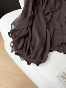 GMFP Women's Autumn Deep Coffee V-Neck Ruffle Lantern Sleeve Short Chiffon Blouse, Bohemian Style Ruffle, Daily Gathering Back To School Graduation Season Women's Outfit Piece, Halloween Christmas Top - Brown - View 9