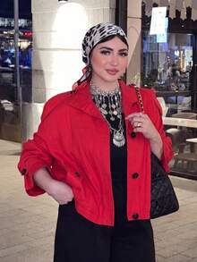 GMFP Women's Red Stand Collar Utility Short Jacket, Casual Commute Style Daily Shopping Commuting Independence Day World Cup Top - Red - View 4