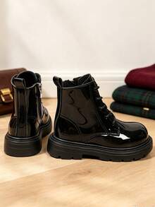 1 Pair Shiny Side Zipper Kids Boots, Soft PU Round Toe Elastic Thick Sole Design, Fashion Minimalist Short Leather Boots, Suitable For Daily School, Holidays, Parties, Autumn/Winter New Style - Black - View 7