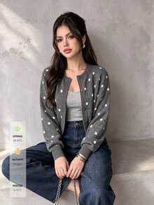 SUNSTORY Autumn Grey Polka Dot Round Neck Short Knit Cardigan, Dropped Shoulder Long Sleeve Single-Breasted Sweater Jacket, Casual Basic Denim Style, Suitable For Commuting, Outings, Daily Wear - Dark Grey - View 7