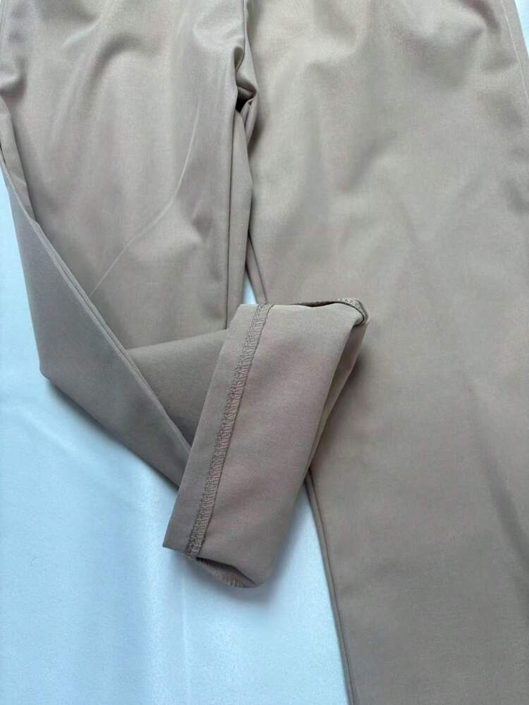 Girls' Solid Color Casual Versatile Elegant Straight Leg Pants With Belt, Lightweight School Uniform Pants, Suitable For School, Wedding, Photography And Party Wear - Khaki - View 8