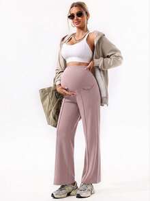 1pc Women's Maternity Pants, With Pockets, Elastic Waistband Doesn't Constrict Belly, Dual Pockets Convenient For Carrying Items - Mauve Purple - View 3