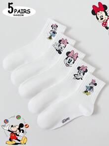 Disney 1/5雙迪士尼襪子，米老鼠襪子，米妮鼠襪子，唐老鴨圖案男女中筒襪，卡通系列可愛酷炫中性風格，高級中筒襪，印有迪士尼米老鼠圖案，完美假期禮物，經典純色粗條紋白色運動襪－假期送禮的完美選擇 - 彩色 - 查看 8