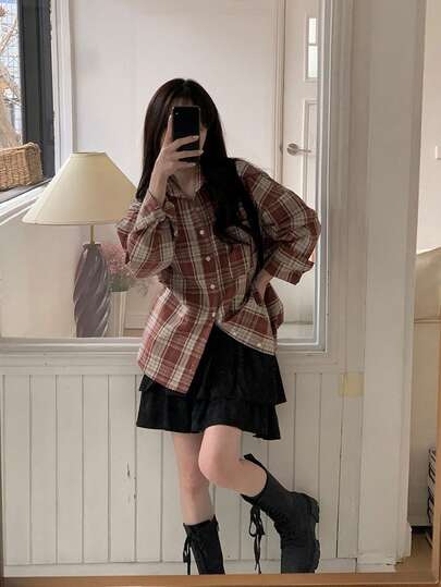 美式復古設計格紋襯衫女款 寬鬆休閒隨性外套