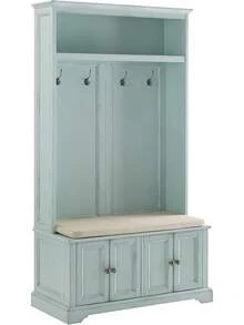 Distressed Seafoam Blue Hall Tree With Shoe Storage Bench & Coat Hooks, Entryway Storage Furniture With Padded Seat, Open Shelf & Storage Cabinets For Foyer & Mudroom - Distressed Seafoam Blue - View 1