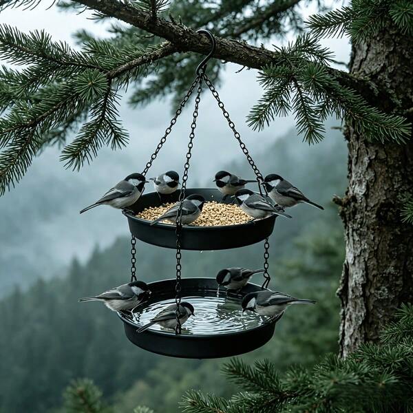 Black Metal Hanging Bird Feeder With Hook And Adjustable Chain, Round Spill-Proof Bird Tray, Suitable For Parrots, Finches, Sparrows, Indoor Curtain Rod Decor, Outdoor Yard Trees, Lawn, Porch, Practical Bird Feeding Accessory