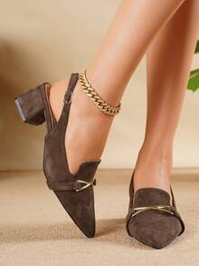 Elegant Suede Pointed Toe Chunky Heel 4.5cm Backless Sandals With Exquisite Cross Buckle Decor, Comfortable For Long Wear, Suitable For Shopping And Parties, Fashionable Women's Shoes - Brown - View 4