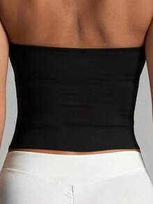 Women's Sports Casual Bandeau Crop Top, Removable Padding, Solid Color Basic Bandeau Top, Suitable For Training, Running, Yoga, Gym And Daily Wear - Black - View 10