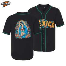 Unisex Mexico Baseball Jersey Our Lady Of Guadalupe 3D Print Stitching Button Front Short Sleeve Baseball Shirt - Black - View 3