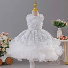 Tween Girl Sequin Puff Cake Princess Dress, Wedding Flower Girl, Birthday Party, Holiday Gathering, Piano Performance Evening Gown - White - View 3
