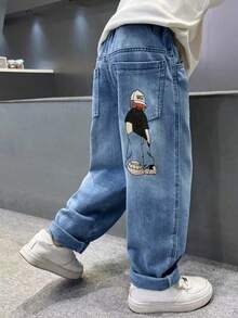 Teen Boy Spring Fashion Loose Fit Character Print Denim Jeans With Pockets - Blue - View 3