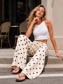 UMINOW Women's Polka Dot Print Woven Straight Leg Pants, Casual Daily Versatile White - White - View 4