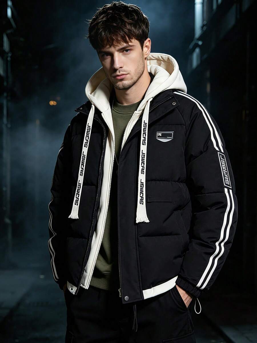 Men's 2 In 1 Cotton Padded Thick Warm Jacket Casual Hooded Couple Coat - Black - View 1