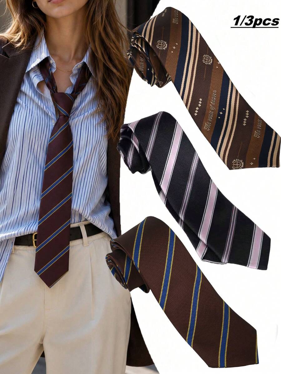 1/3pcs Striped Hand-Tied Necktie Set, Fashionable Versatile Tie Combination - Multicolor - View 1