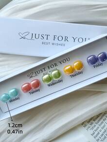 5 Pairs French Luxury Fresh Energetic Exquisite Small Elegant Versatile Unique Colorful Multi-Color Square Bead Stud Earrings Set With Gift Box, Suitable For Women's Daily, Holiday, Gift, Party, Vacation Wear - Multicolor - View 11