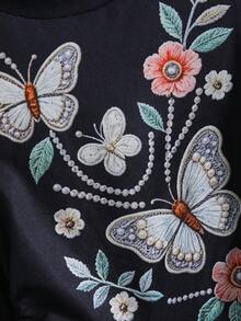 Setelan Anak Perempuan Lengan Panjang Motif Kupu-kupu & Bunga, Atasan Pinggang Berkerut Samping & Celana Panjang Lebar, 2 Potong, Musim Semi/Gugur - Hitam - View 5
