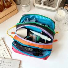 Tas Kosmetik Multilayer Blok Warna Bordir Kustom dengan Pegangan, Kantong Penyimpanan Perlengkapan Mandi Perjalanan Warna Kontras Portabel, Tas Organizer Makeup - MultiWarna - View 9