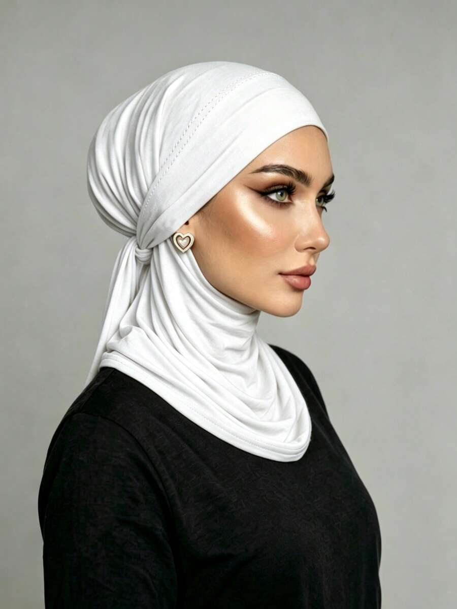1pc Women's Solid Color Balaclava With Back Tie, Elastic Neck Warmer Headscarf, 3 Ways To Wear, Multifunctional Hijab Cap, Breathable Comfortable Stretchy Wide Brim Sweat-Absorbing Anti-Slip Sports Headwrap, Suitable For Daily Life, Sports, Yoga, Fitness And Fashion - White - View 1